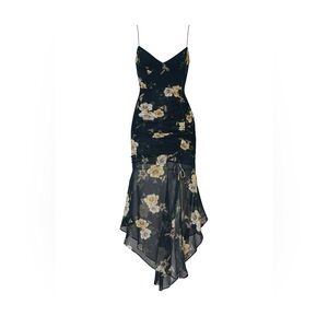 NICHOLAS GEORGETTE FLORAL RUCHED DRESS 100% SILK SIZE 4 NAVY